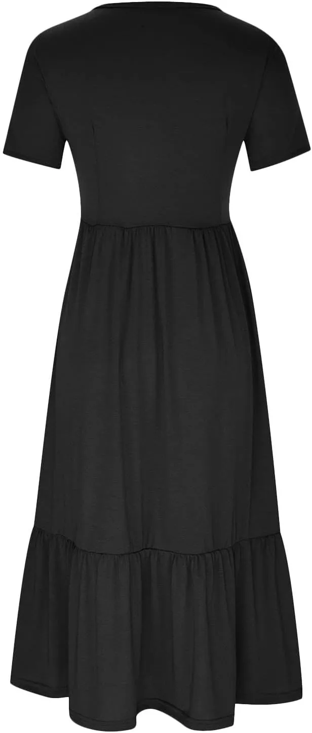 Spring Dresses for Women 2024 Trendy Short Sleeve Crewneck Flowy Tiered Midi Dress Casual Swing Beach Sundress with Pockets
