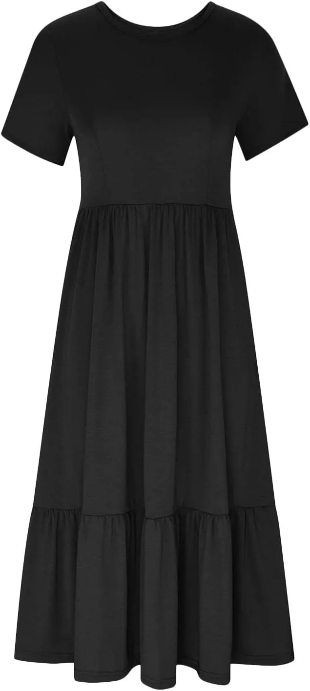 Spring Dresses for Women 2024 Trendy Short Sleeve Crewneck Flowy Tiered Midi Dress Casual Swing Beach Sundress with Pockets