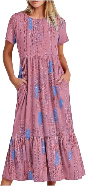 Spring Dresses for Women 2024 Trendy Short Sleeve Crewneck Flowy Tiered Midi Dress Casual Swing Beach Sundress with Pockets