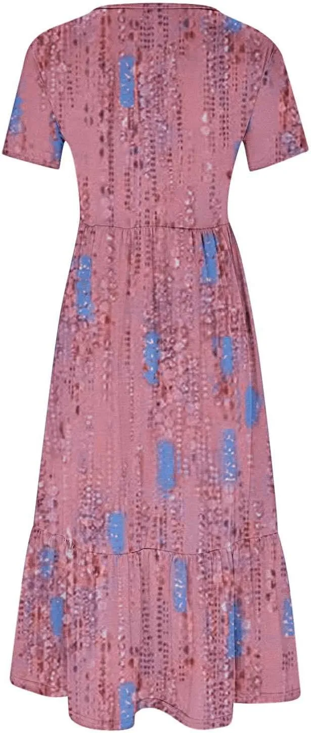 Spring Dresses for Women 2024 Trendy Short Sleeve Crewneck Flowy Tiered Midi Dress Casual Swing Beach Sundress with Pockets