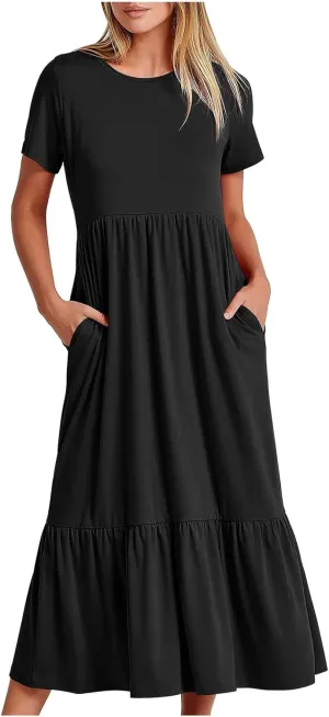 Spring Dresses for Women 2024 Trendy Short Sleeve Crewneck Flowy Tiered Midi Dress Casual Swing Beach Sundress with Pockets
