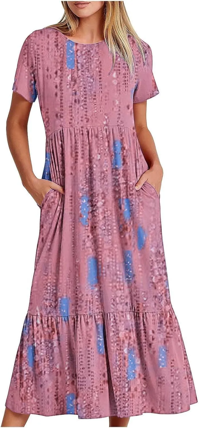 Spring Dresses for Women 2024 Trendy Short Sleeve Crewneck Flowy Tiered Midi Dress Casual Swing Beach Sundress with Pockets