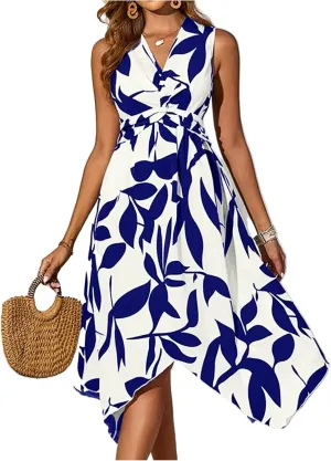 Spring Dresses for Women 2025 V Neck Halter Sleeveless Vintage Fashion Leaf Printed Twisted Asymmetrical Ladies Sundress