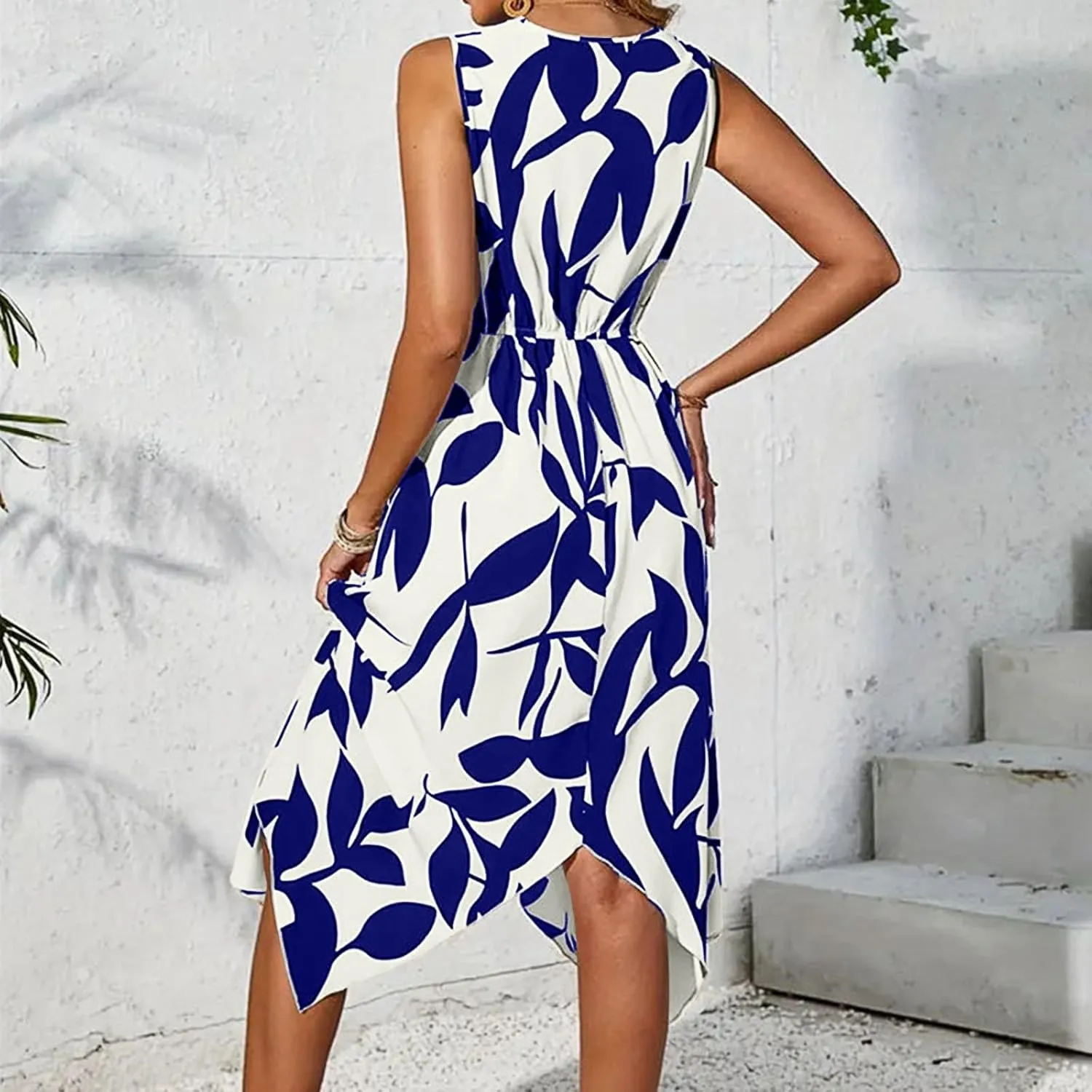 Spring Dresses for Women 2025 V Neck Halter Sleeveless Vintage Fashion Leaf Printed Twisted Asymmetrical Ladies Sundress