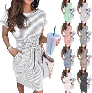Striped Summer Dresses for Women 2025 Vacation Short Sleeve T Shirt Dress Casual Beach Tie Waist Mini Dress w/Pockets
