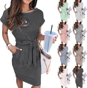 Striped Summer Dresses for Women 2025 Vacation Short Sleeve T Shirt Dress Casual Beach Tie Waist Mini Dress w/Pockets