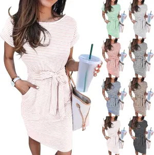 Striped Summer Dresses for Women 2025 Vacation Short Sleeve T Shirt Dress Casual Beach Tie Waist Mini Dress w/Pockets