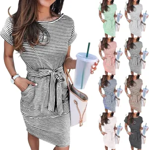 Striped Summer Dresses for Women 2025 Vacation Short Sleeve T Shirt Dress Casual Beach Tie Waist Mini Dress w/Pockets