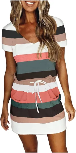 Striped T Shirt Dresses for Women 2025 Short Sleeve Tie Waist Mini Dress Casual Summer Beach Sun Dresses with Pockets