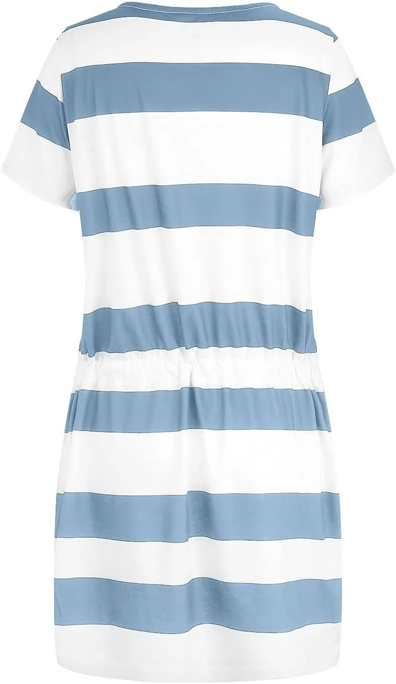 Striped T Shirt Dresses for Women 2025 Short Sleeve Tie Waist Mini Dress Casual Summer Beach Sun Dresses with Pockets