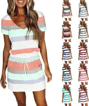 Striped T Shirt Dresses for Women 2025 Short Sleeve Tie Waist Mini Dress Casual Summer Beach Sun Dresses with Pockets