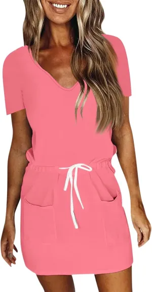 Striped T Shirt Dresses for Women 2025 Short Sleeve Tie Waist Mini Dress Casual Summer Beach Sun Dresses with Pockets