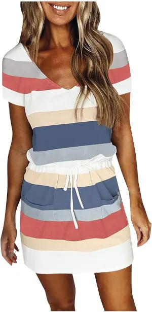 Striped T Shirt Dresses for Women 2025 Short Sleeve Tie Waist Mini Dress Casual Summer Beach Sun Dresses with Pockets