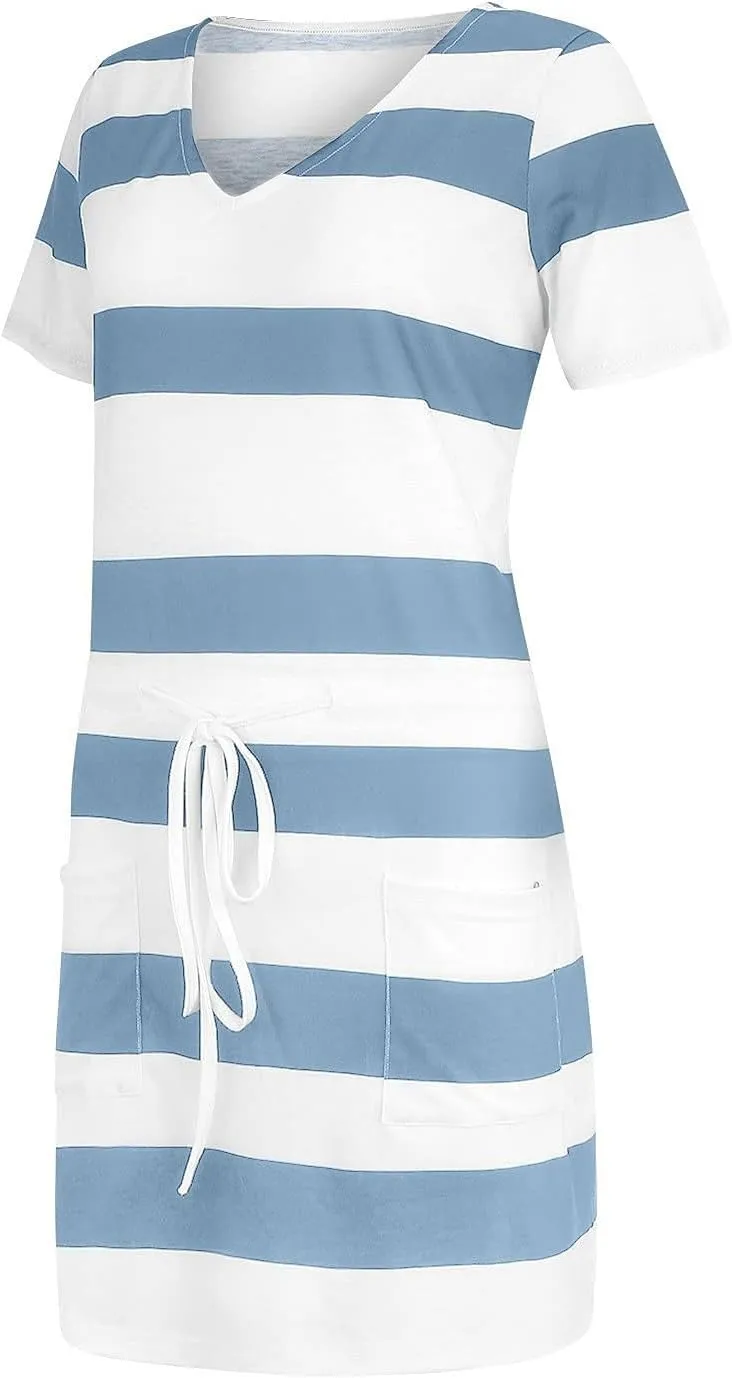 Striped T Shirt Dresses for Women 2025 Short Sleeve Tie Waist Mini Dress Casual Summer Beach Sun Dresses with Pockets