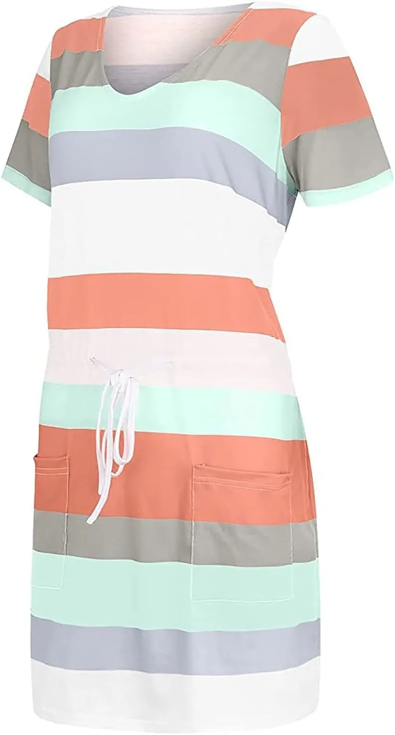 Striped T Shirt Dresses for Women 2025 Short Sleeve Tie Waist Mini Dress Casual Summer Beach Sun Dresses with Pockets