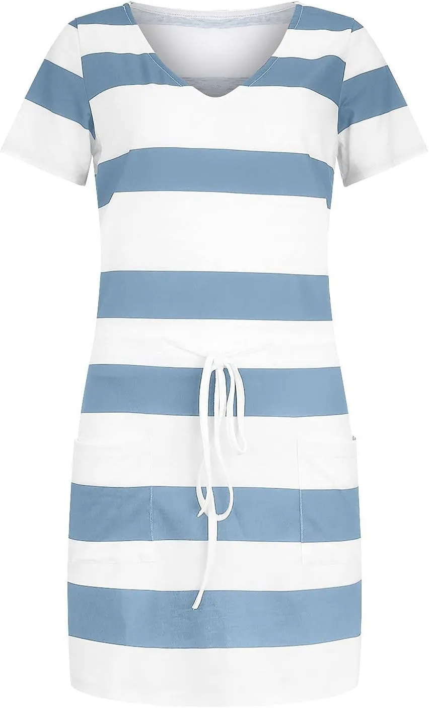 Striped T Shirt Dresses for Women 2025 Short Sleeve Tie Waist Mini Dress Casual Summer Beach Sun Dresses with Pockets