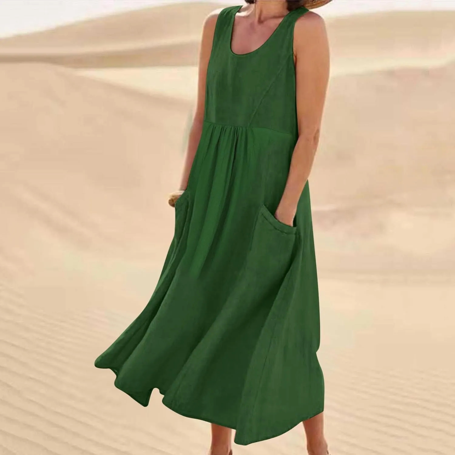 Summer Casual Linen Long Dresses Women Plus Size Loose Sleeveless Tank Dress Flowy Maxi Beach Sundress with Pockets