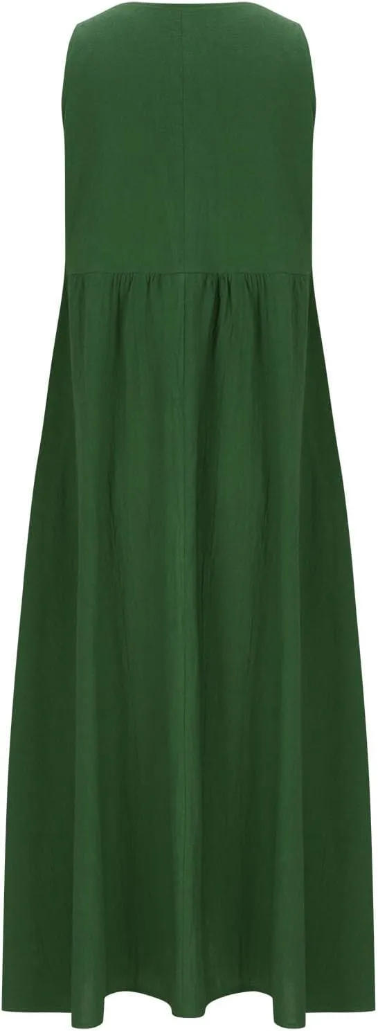 Summer Casual Linen Long Dresses Women Plus Size Loose Sleeveless Tank Dress Flowy Maxi Beach Sundress with Pockets