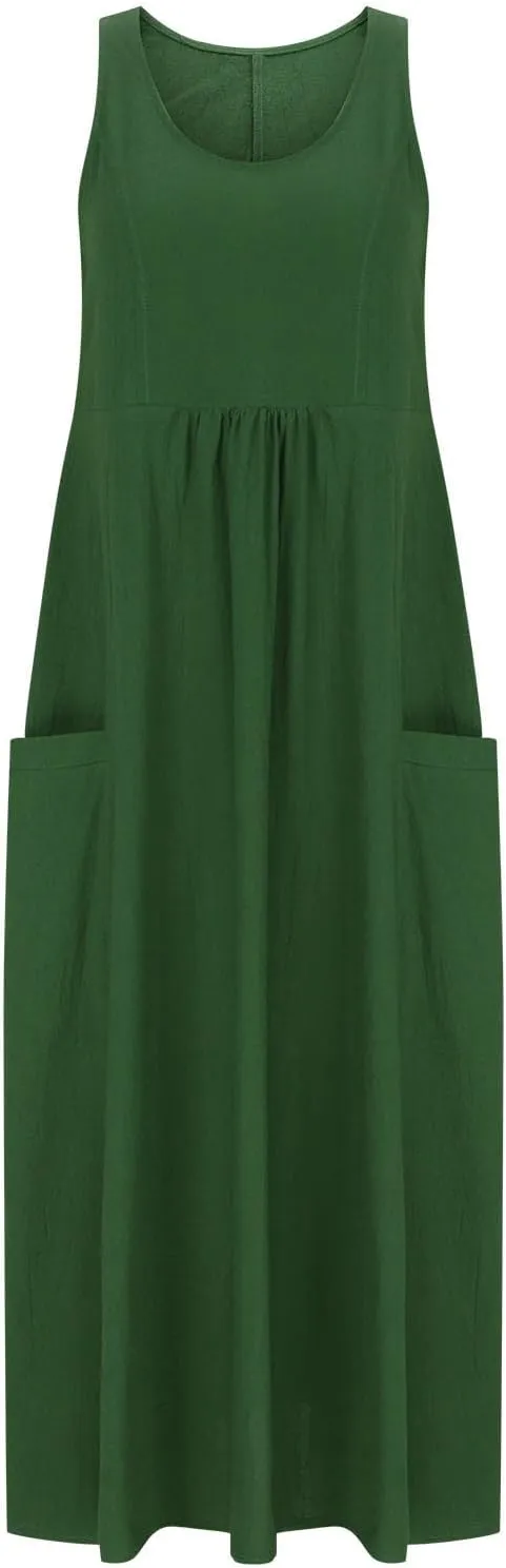 Summer Casual Linen Long Dresses Women Plus Size Loose Sleeveless Tank Dress Flowy Maxi Beach Sundress with Pockets
