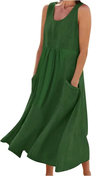 Summer Casual Linen Long Dresses Women Plus Size Loose Sleeveless Tank Dress Flowy Maxi Beach Sundress with Pockets