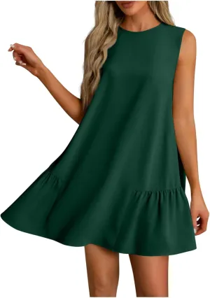 Summer Casual Sleeveless Tank Dresses for Women 2025 Crewneck Beach Vacation Sundresses A-Line Ruffle Hem Mini Dress