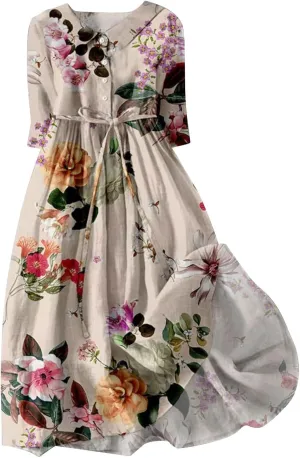 Summer Cotton Linen Dresses for Women 2025 Plus Size 3/4 Sleeve Floral Maxi Dress Elegantes Spring Vacation Dress