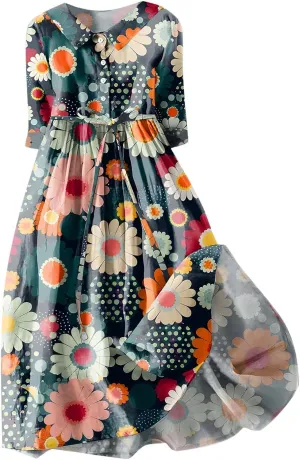Summer Cotton Linen Dresses for Women 2025 Plus Size 3/4 Sleeve Floral Maxi Dress Elegantes Spring Vacation Dress