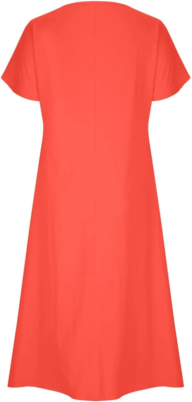 Summer Cotton Linen Dresses for Women Loose Crew Neck Casual Short Sleeve Sundress Fashion Pleated Pocket Dress
