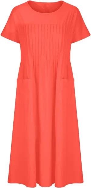 Summer Cotton Linen Dresses for Women Loose Crew Neck Casual Short Sleeve Sundress Fashion Pleated Pocket Dress