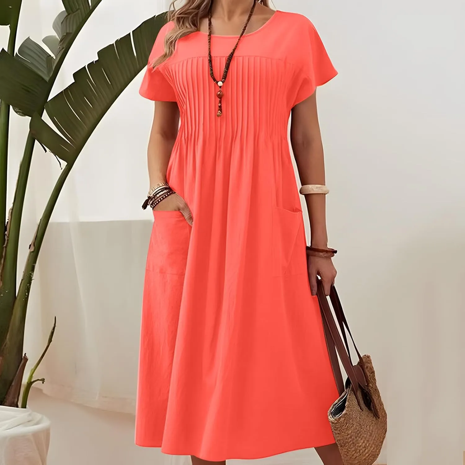 Summer Cotton Linen Dresses for Women Loose Crew Neck Casual Short Sleeve Sundress Fashion Pleated Pocket Dress