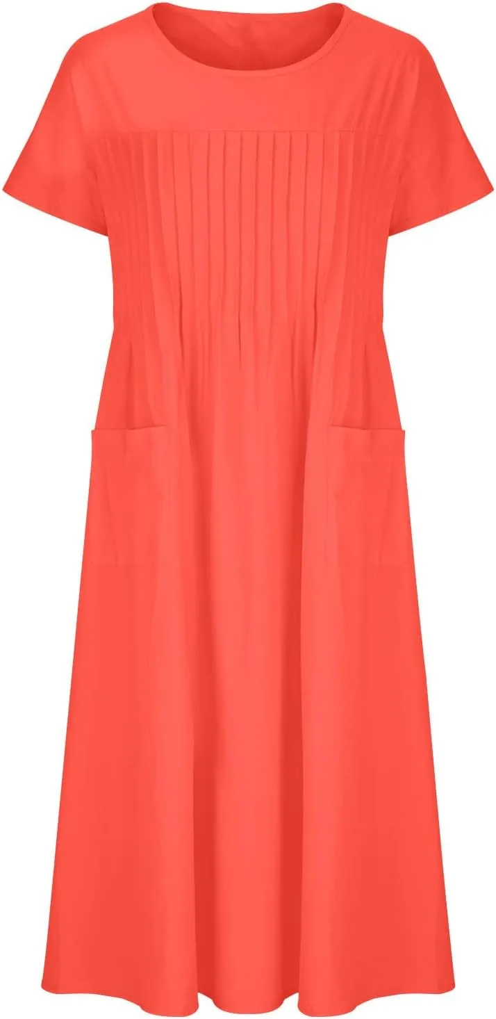 Summer Cotton Linen Dresses for Women Loose Crew Neck Casual Short Sleeve Sundress Fashion Pleated Pocket Dress
