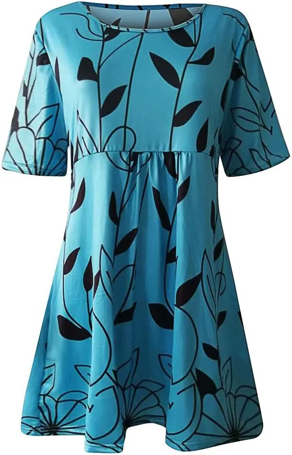 Summer Dresses for Women 2024 Casual High Waist Loose Crewneck Floral Sundress Short Sleeve Flowy Ruffle Mini Dress