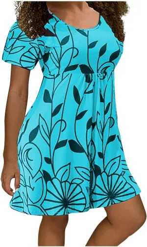 Summer Dresses for Women 2024 Casual High Waist Loose Crewneck Floral Sundress Short Sleeve Flowy Ruffle Mini Dress