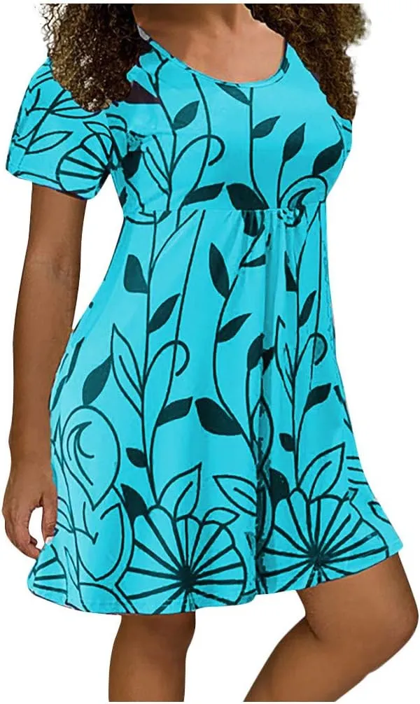 Summer Dresses for Women 2024 Casual High Waist Loose Crewneck Floral Sundress Short Sleeve Flowy Ruffle Mini Dress