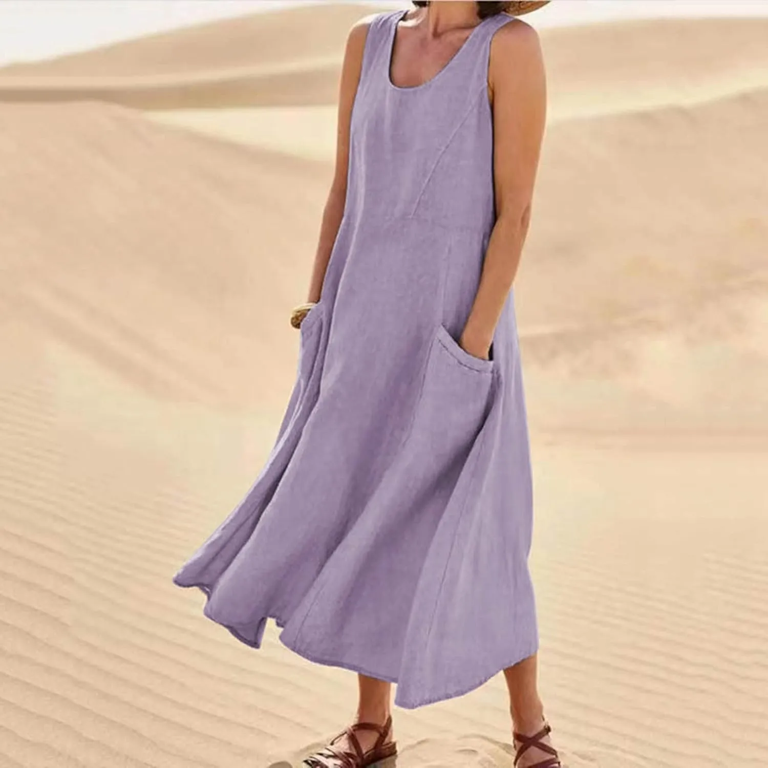 Summer Dresses for Women 2024 Casual Sleeveless Loose Sundress Trendy Boho Maxi Dresses Beach Dress with Pockets