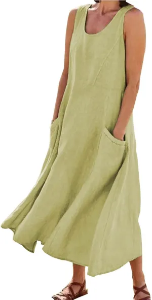 Summer Dresses for Women 2024 Casual Sleeveless Loose Sundress Trendy Boho Maxi Dresses Beach Dress with Pockets