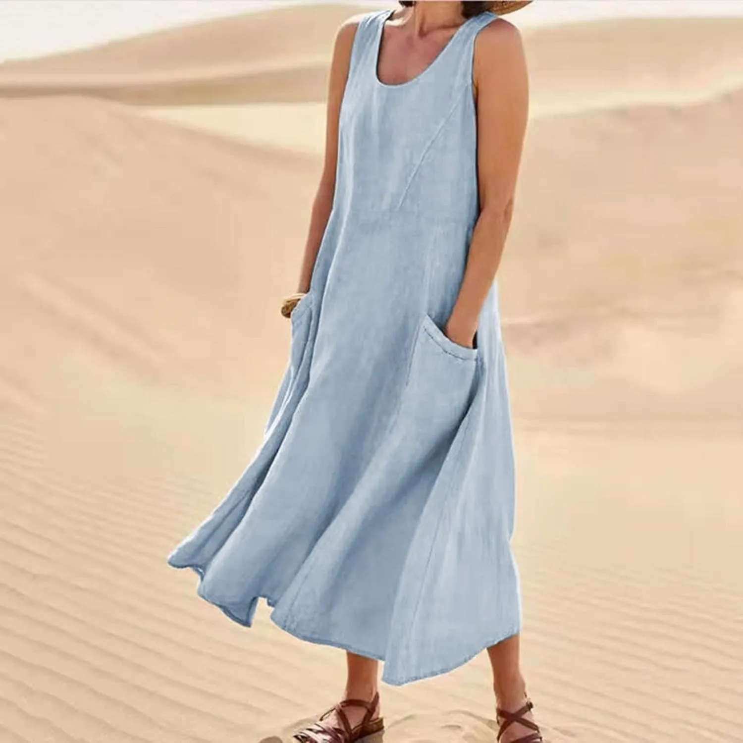 Summer Dresses for Women 2024 Casual Sleeveless Loose Sundress Trendy Boho Maxi Dresses Beach Dress with Pockets