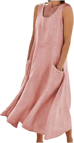 Summer Dresses for Women 2024 Casual Sleeveless Loose Sundress Trendy Boho Maxi Dresses Beach Dress with Pockets