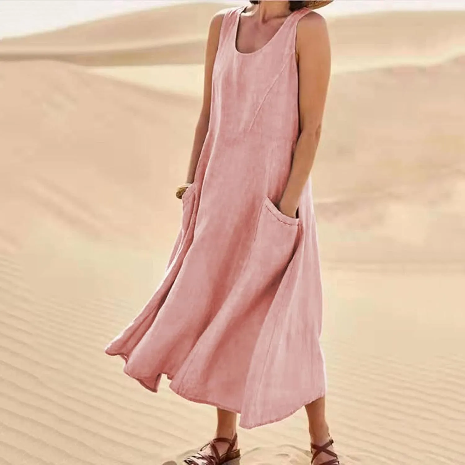 Summer Dresses for Women 2024 Casual Sleeveless Loose Sundress Trendy Boho Maxi Dresses Beach Dress with Pockets