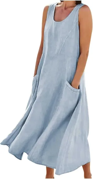 Summer Dresses for Women 2024 Casual Sleeveless Loose Sundress Trendy Boho Maxi Dresses Beach Dress with Pockets