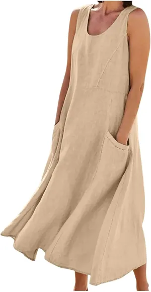 Summer Dresses for Women 2024 Casual Sleeveless Loose Sundress Trendy Boho Maxi Dresses Beach Dress with Pockets