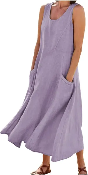 Summer Dresses for Women 2024 Casual Sleeveless Loose Sundress Trendy Boho Maxi Dresses Beach Dress with Pockets