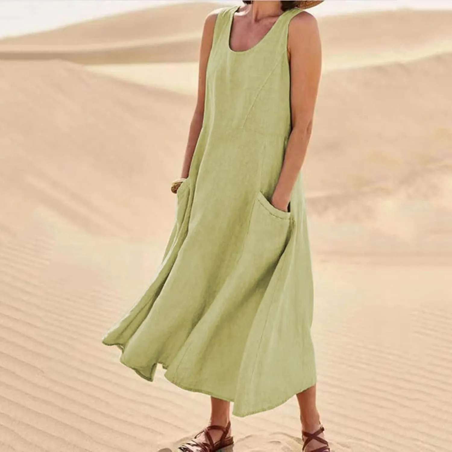 Summer Dresses for Women 2024 Casual Sleeveless Loose Sundress Trendy Boho Maxi Dresses Beach Dress with Pockets