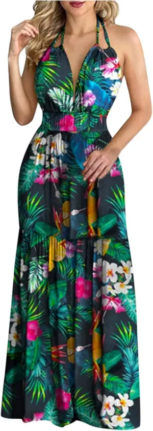 Summer Dresses for Women 2024 Fashion Sexy Floral Tropical Beach Halter Sundress Hawaiian Backless Long Maxi Dress