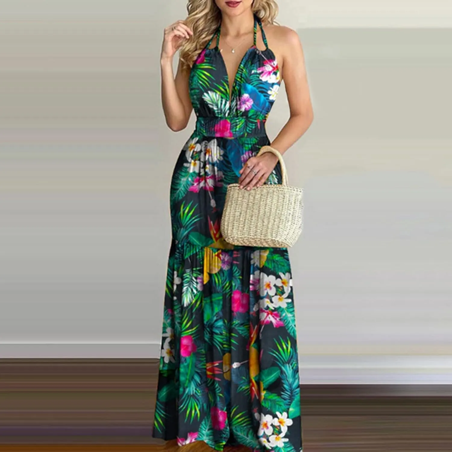 Summer Dresses for Women 2024 Fashion Sexy Floral Tropical Beach Halter Sundress Hawaiian Backless Long Maxi Dress