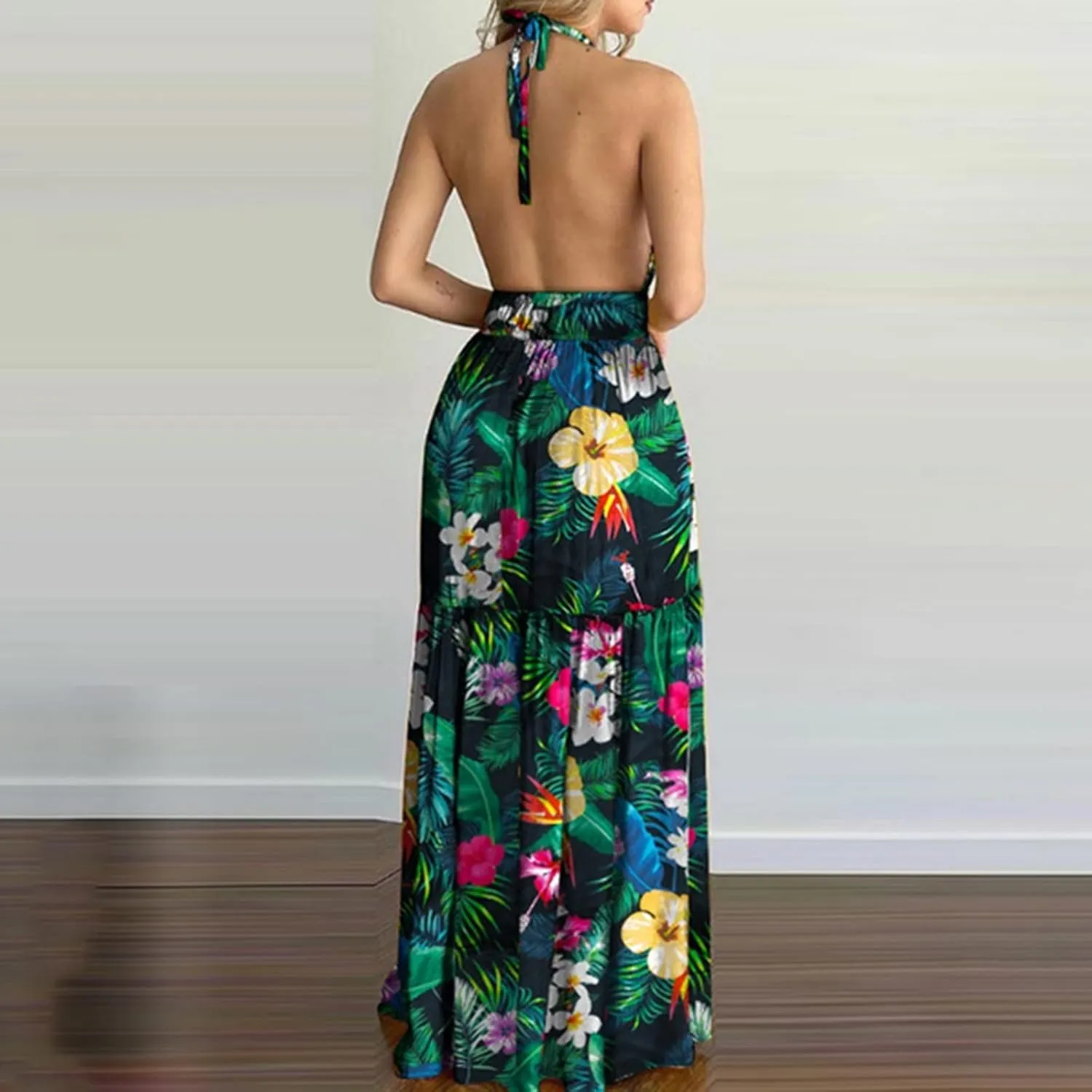 Summer Dresses for Women 2024 Fashion Sexy Floral Tropical Beach Halter Sundress Hawaiian Backless Long Maxi Dress
