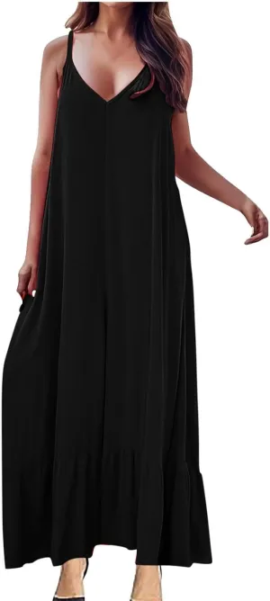 Summer Dresses for Women 2024 Trendy Halter, Sleeveless Casual V Neck Ruffle Dresses, Lightweight Floral Boho Dress
