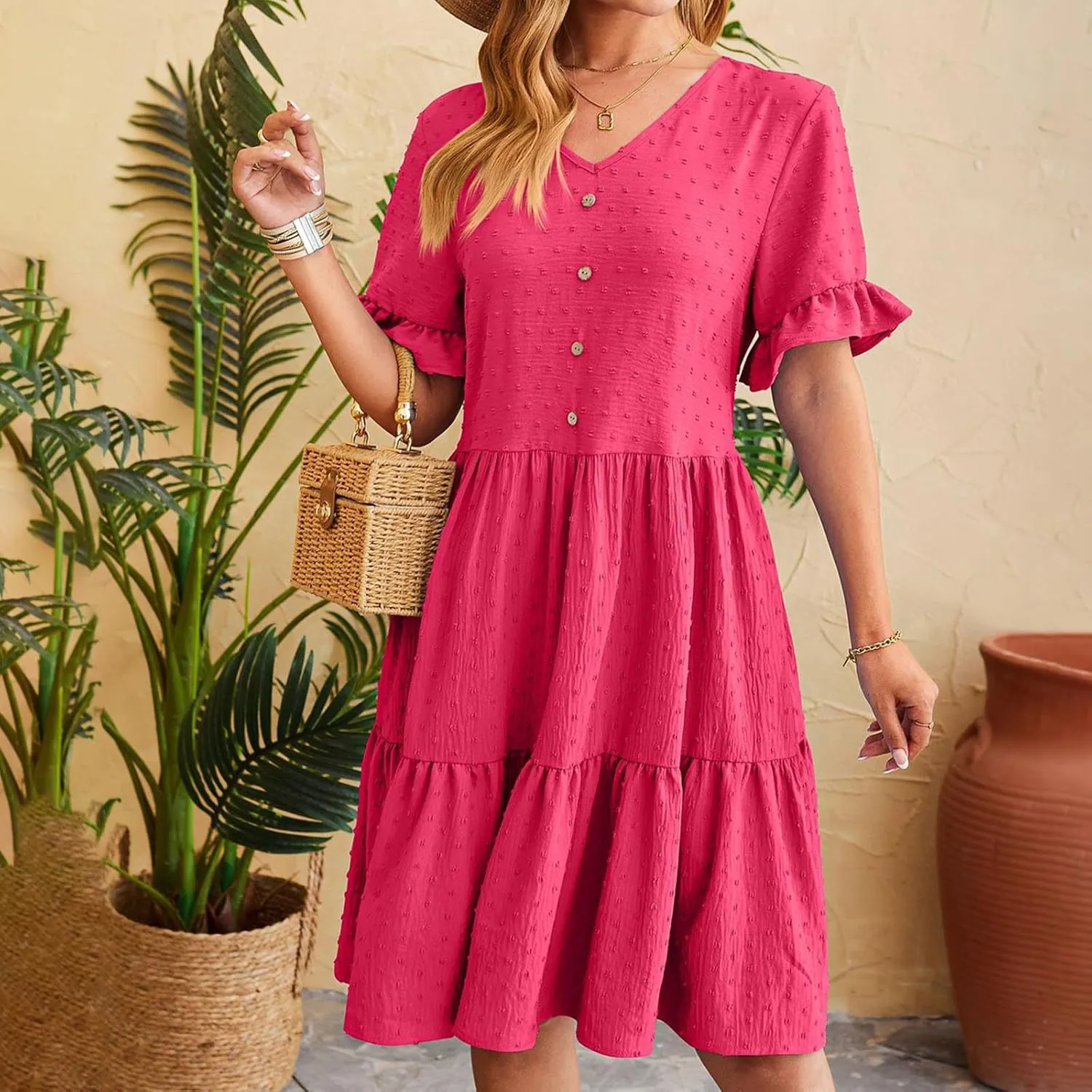Summer Dresses for Women, 2025 Button Front V Neck Tunic Dresses Soft Comfy Short Sleeve Ruffle Vacation Mini Dress