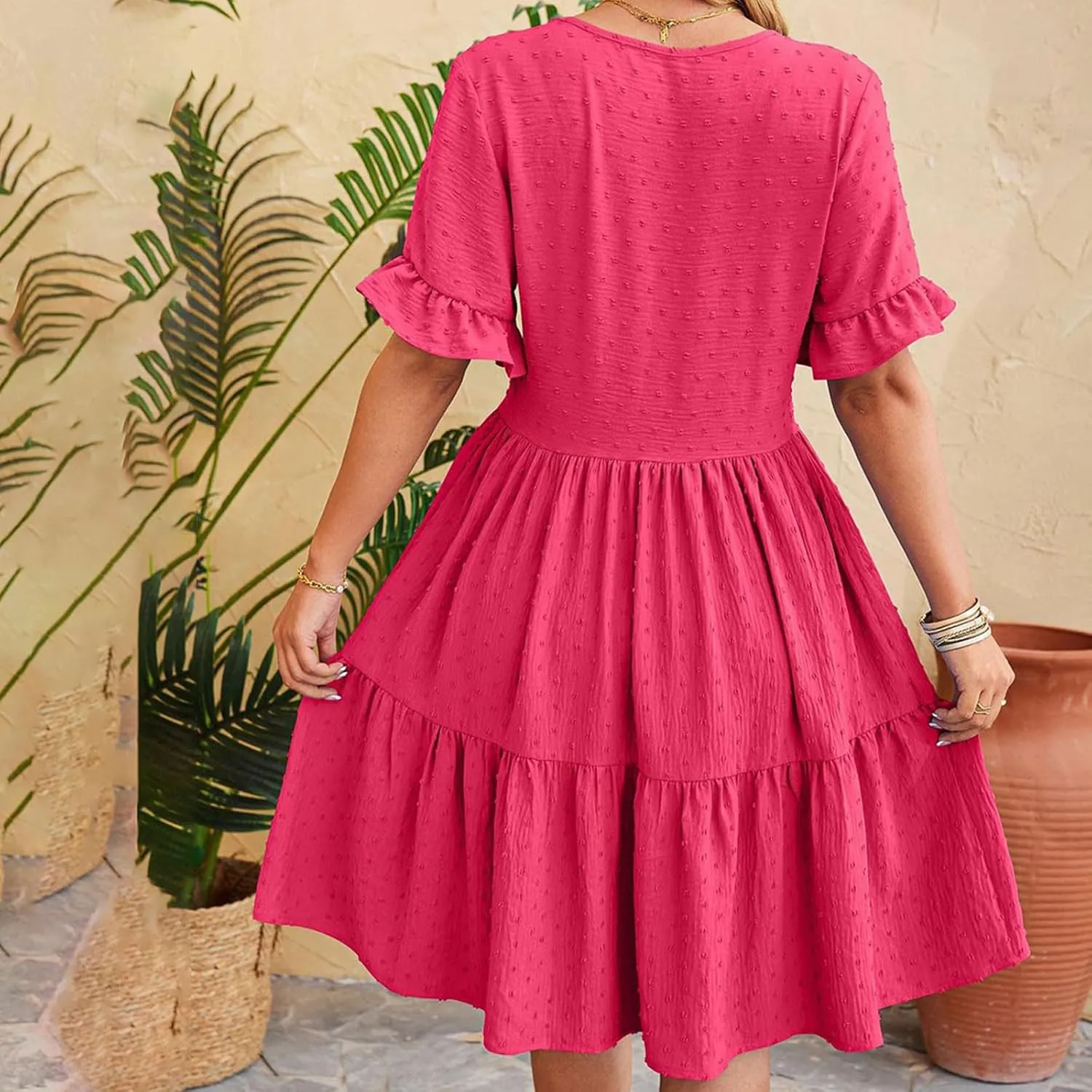 Summer Dresses for Women, 2025 Button Front V Neck Tunic Dresses Soft Comfy Short Sleeve Ruffle Vacation Mini Dress