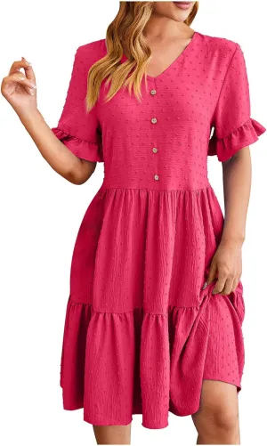 Summer Dresses for Women, 2025 Button Front V Neck Tunic Dresses Soft Comfy Short Sleeve Ruffle Vacation Mini Dress